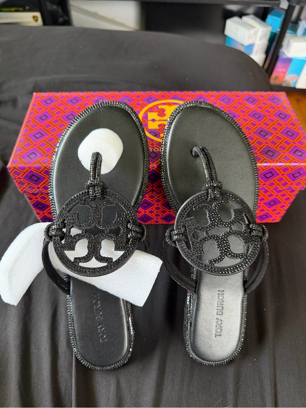 Tory Burch Black Miller Logo Toe-Post Sandals